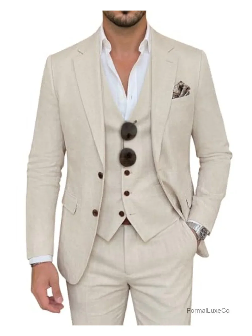 Men's Slim Fit 3 Piece Linen Suit Set with Vest & Pants for Wedding